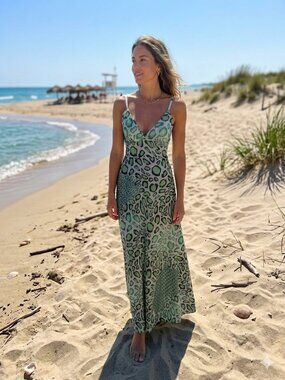 Italian Fashion Green Leopard Print Slip Dress Size XS